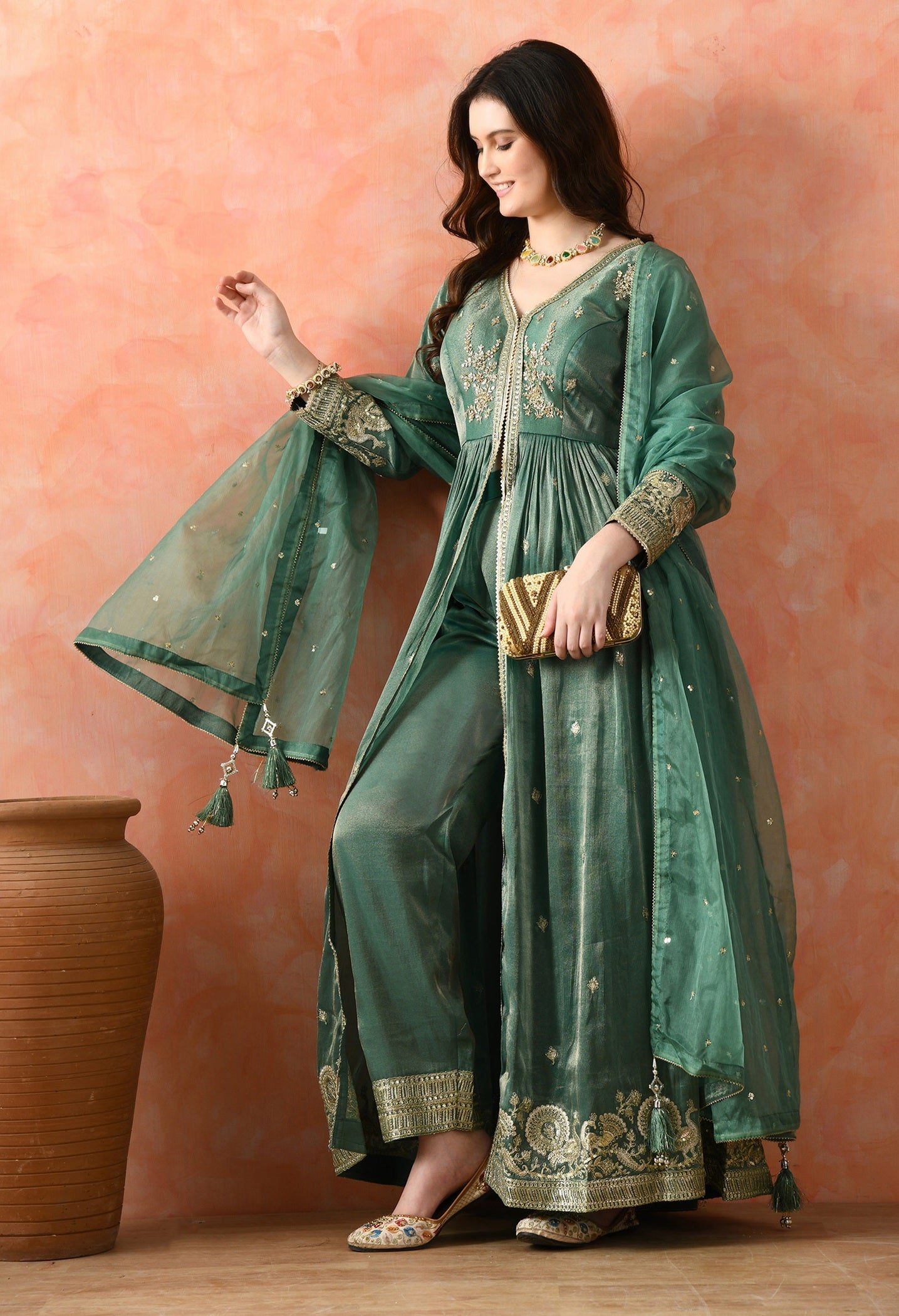 Green Zardozi Tissue Silk Anarkali Set