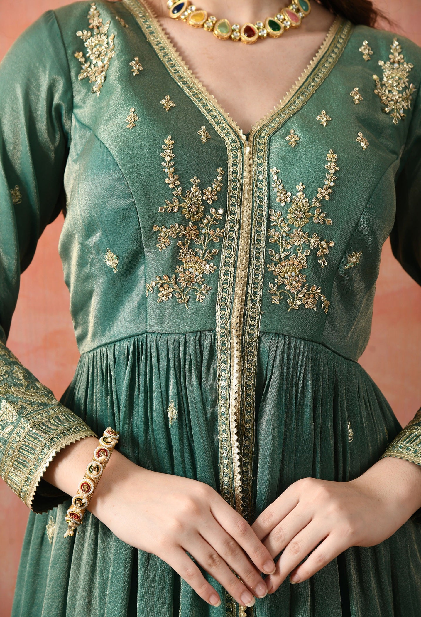Green Zardozi Tissue Silk Anarkali Set