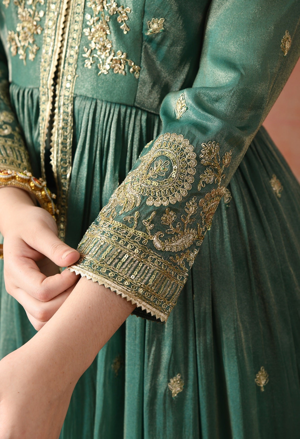 Green Zardozi Tissue Silk Anarkali Set
