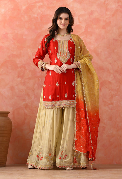 Red Crepe & Chinon Zardozi Sharara Set