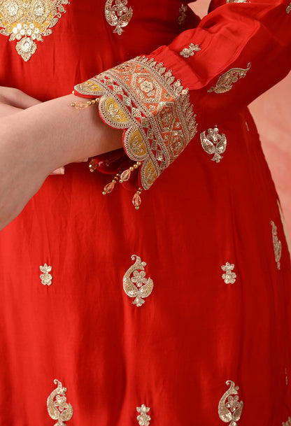 Red Crepe & Chinon Zardozi Sharara Set