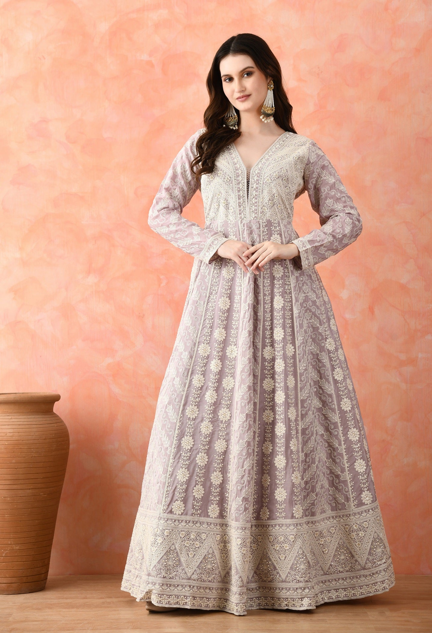 Light Purple Thread Work Crepe Anarkali Set