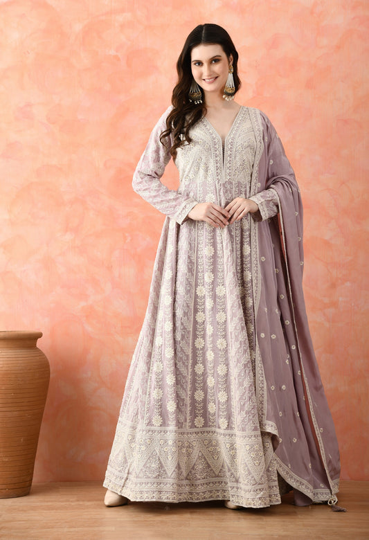 Light Purple Thread Work Crepe Anarkali Set