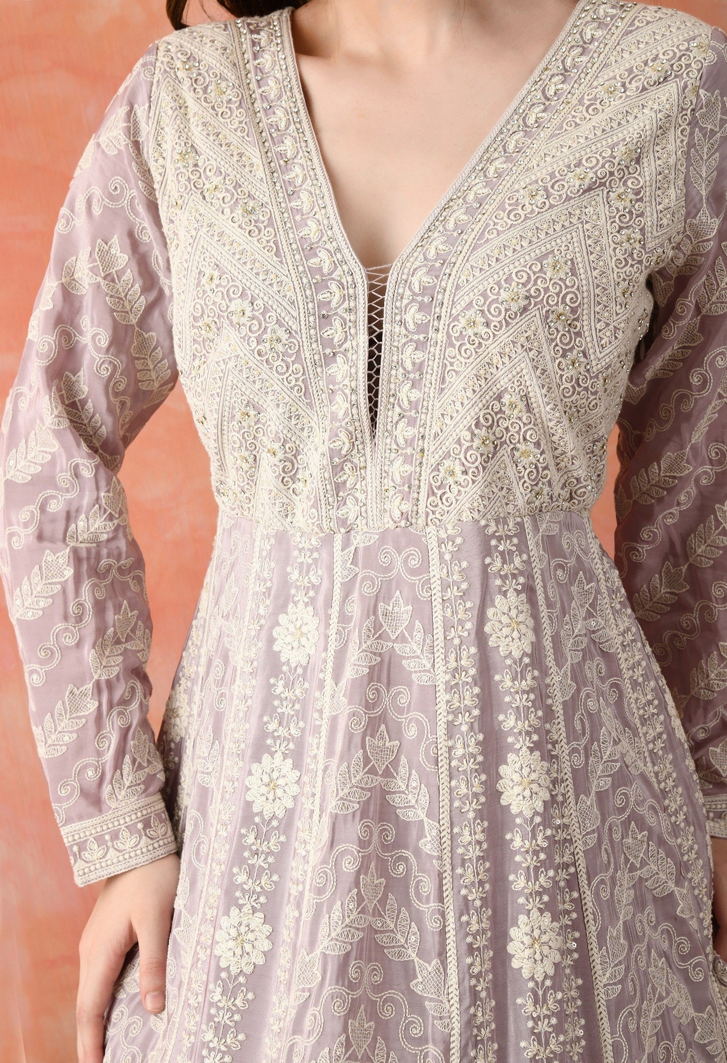 Light Purple Thread Work Crepe Anarkali Set