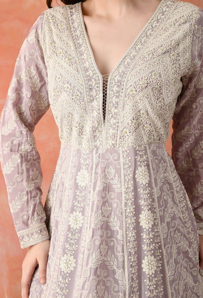 Light Purple Thread Work Crepe Anarkali Set