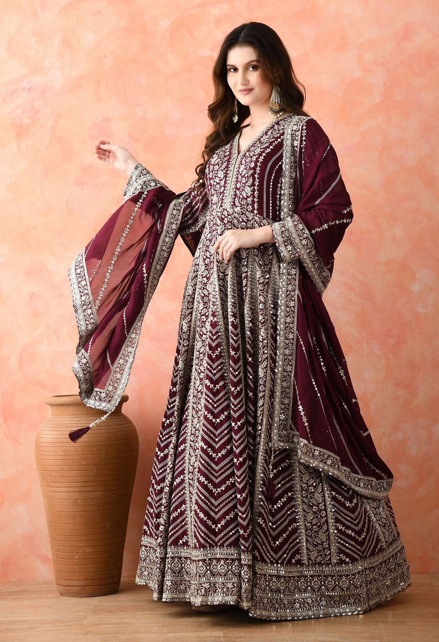 Wine Zardozi Crepe Anarkali Set