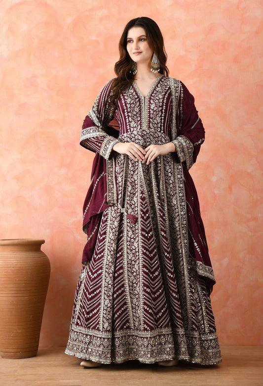 Wine Zardozi Crepe Anarkali Set