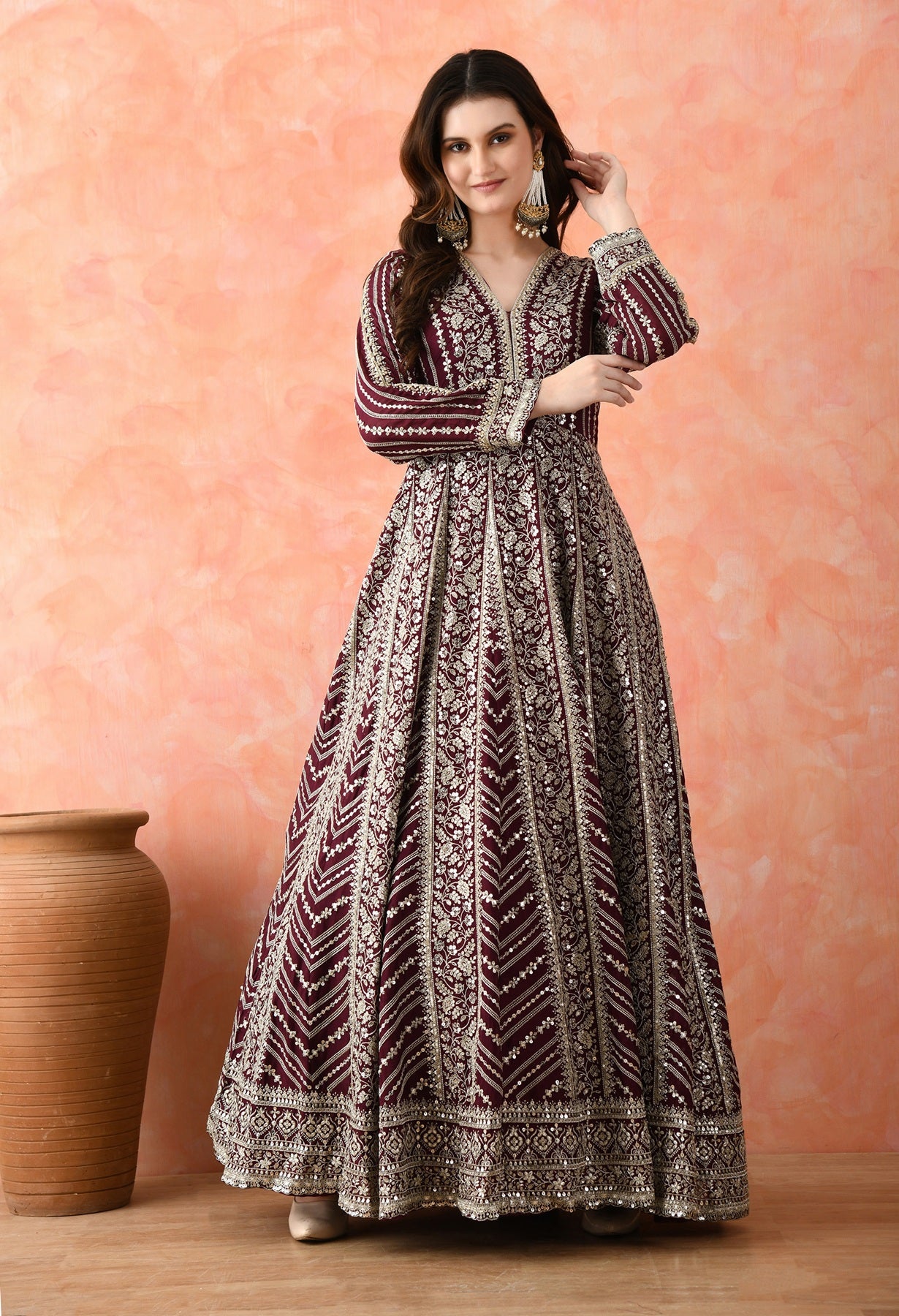 Wine Zardozi Crepe Anarkali Set