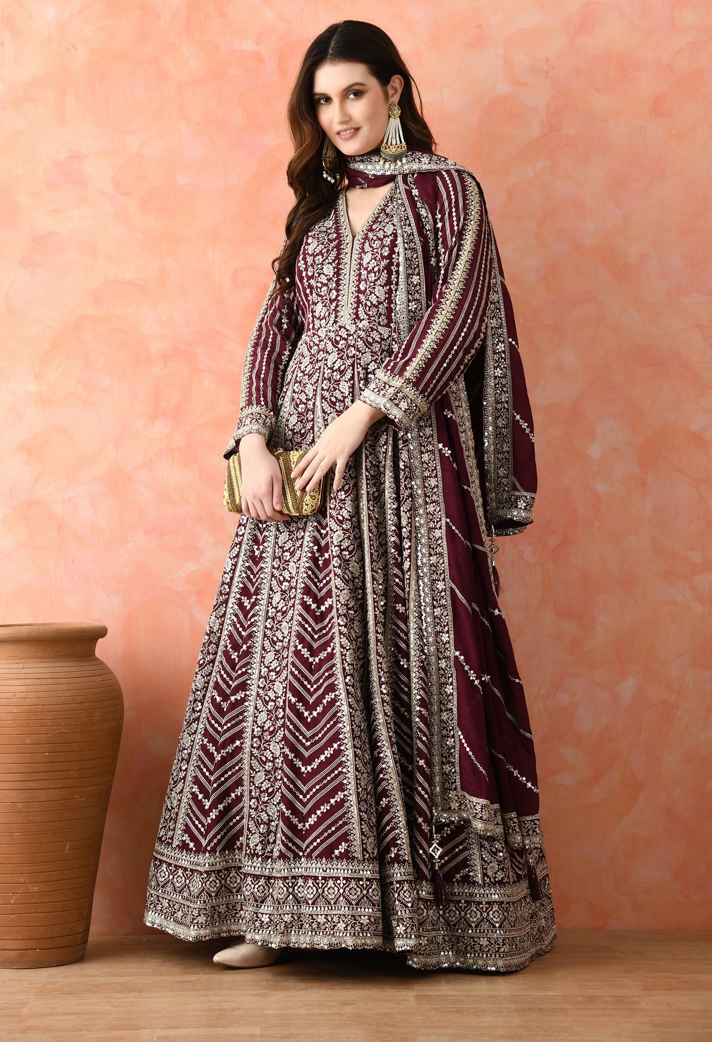Wine Zardozi Crepe Anarkali Set