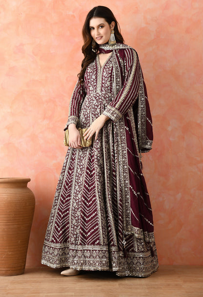 Wine Zardozi Crepe Anarkali Set