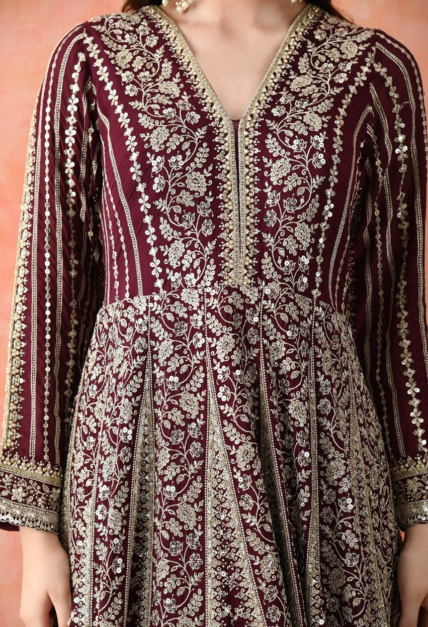 Wine Zardozi Crepe Anarkali Set