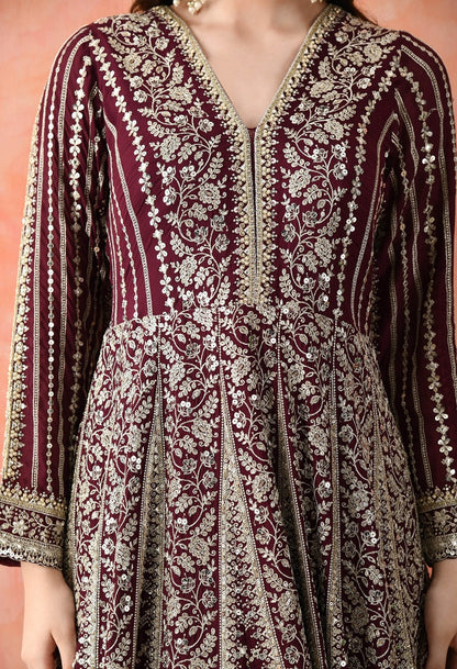 Wine Zardozi Crepe Anarkali Set