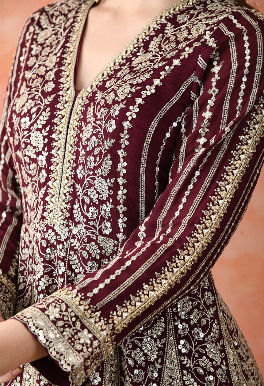 Wine Zardozi Crepe Anarkali Set