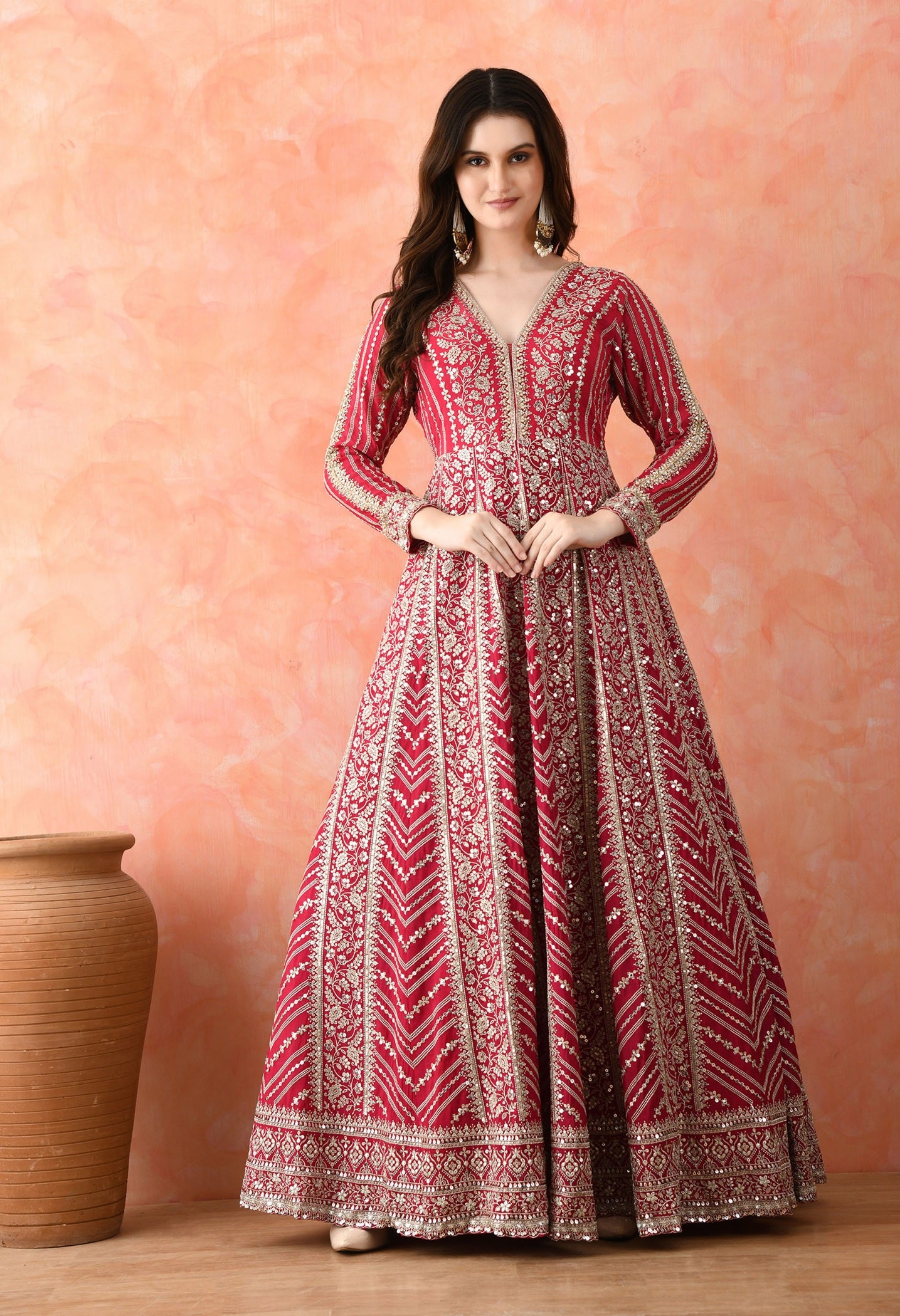 Rani Pink Zardozi Crepe Anarkali Set