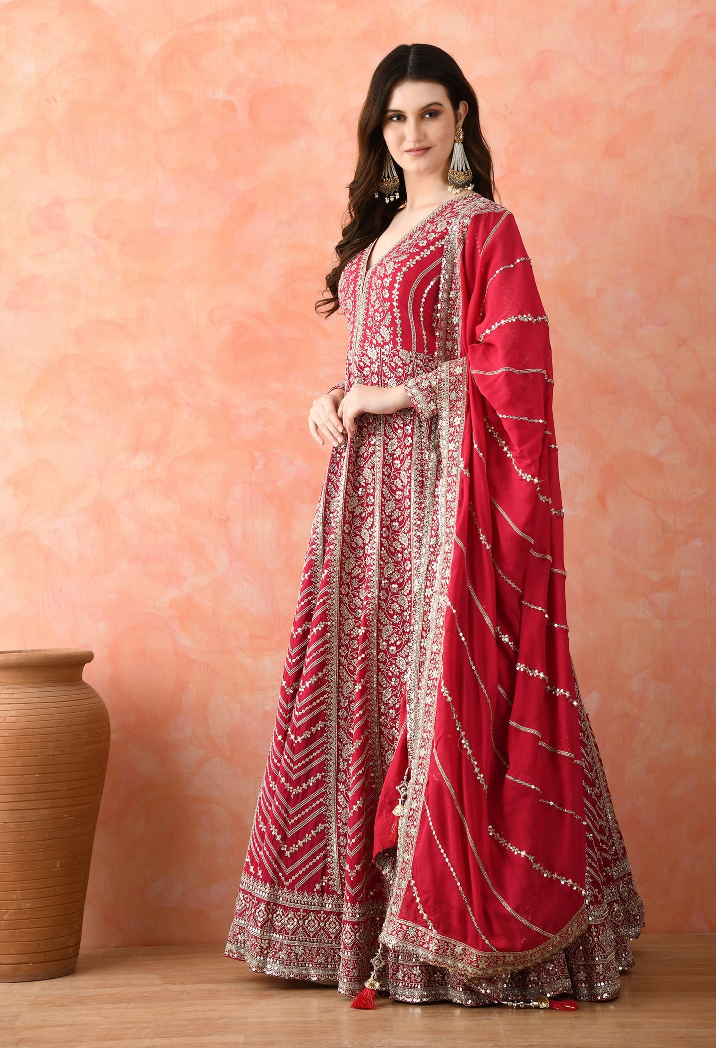 Rani Pink Zardozi Crepe Anarkali Set