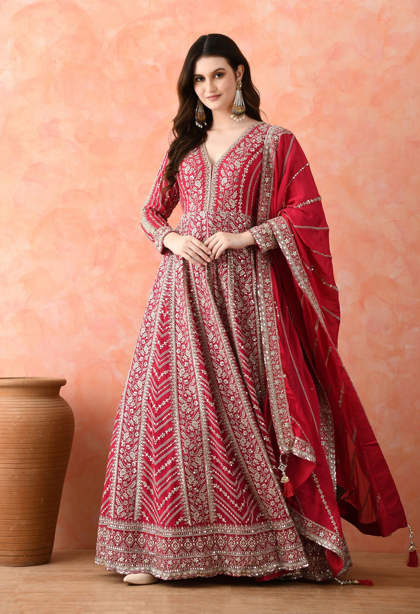 Rani Pink Zardozi Crepe Anarkali Set
