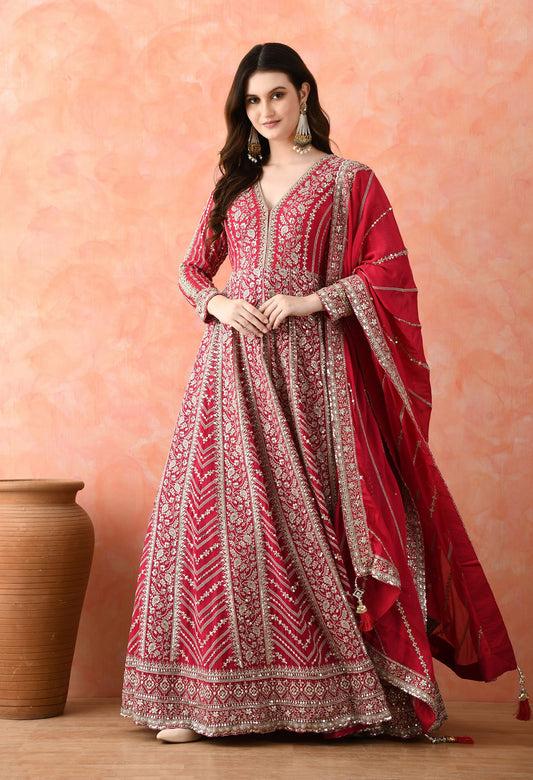 Rani Pink Zardozi Crepe Anarkali Set