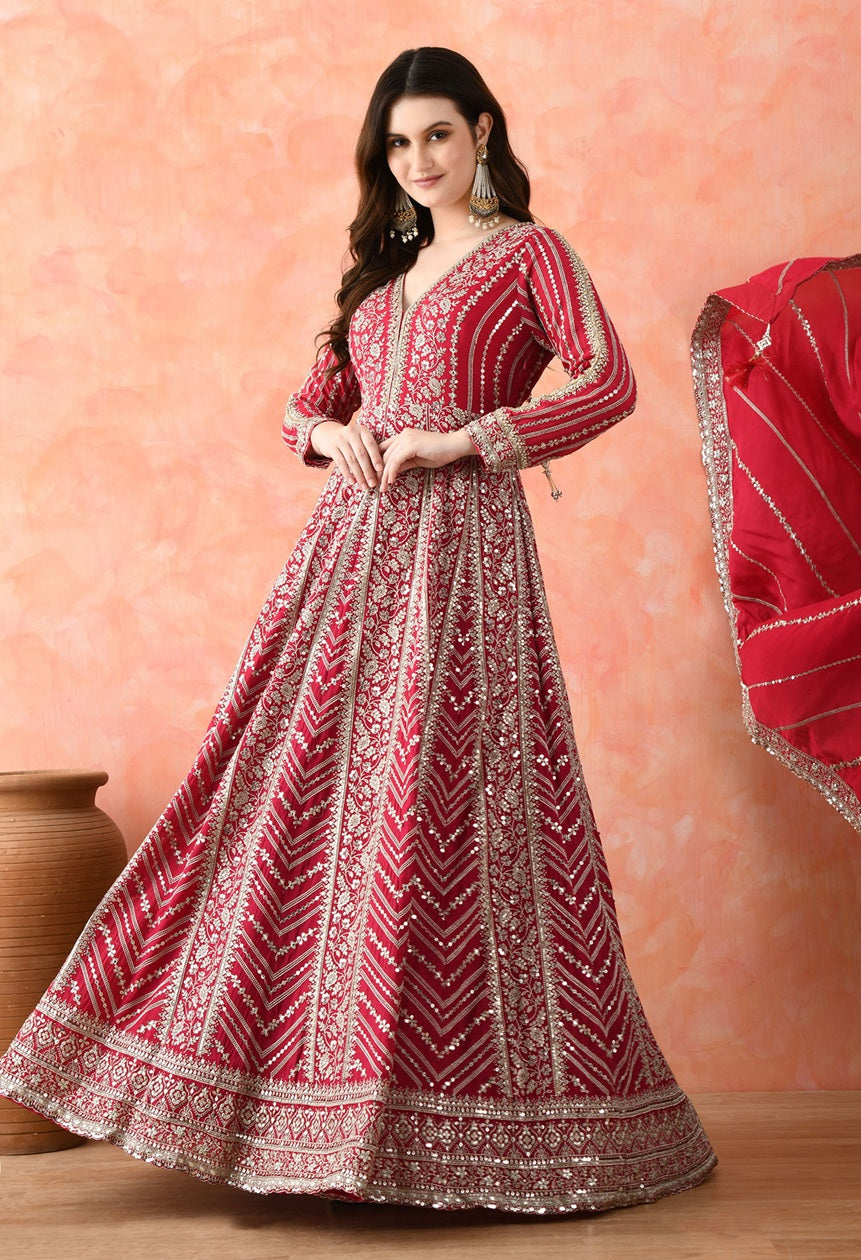 Rani Pink Zardozi Crepe Anarkali Set