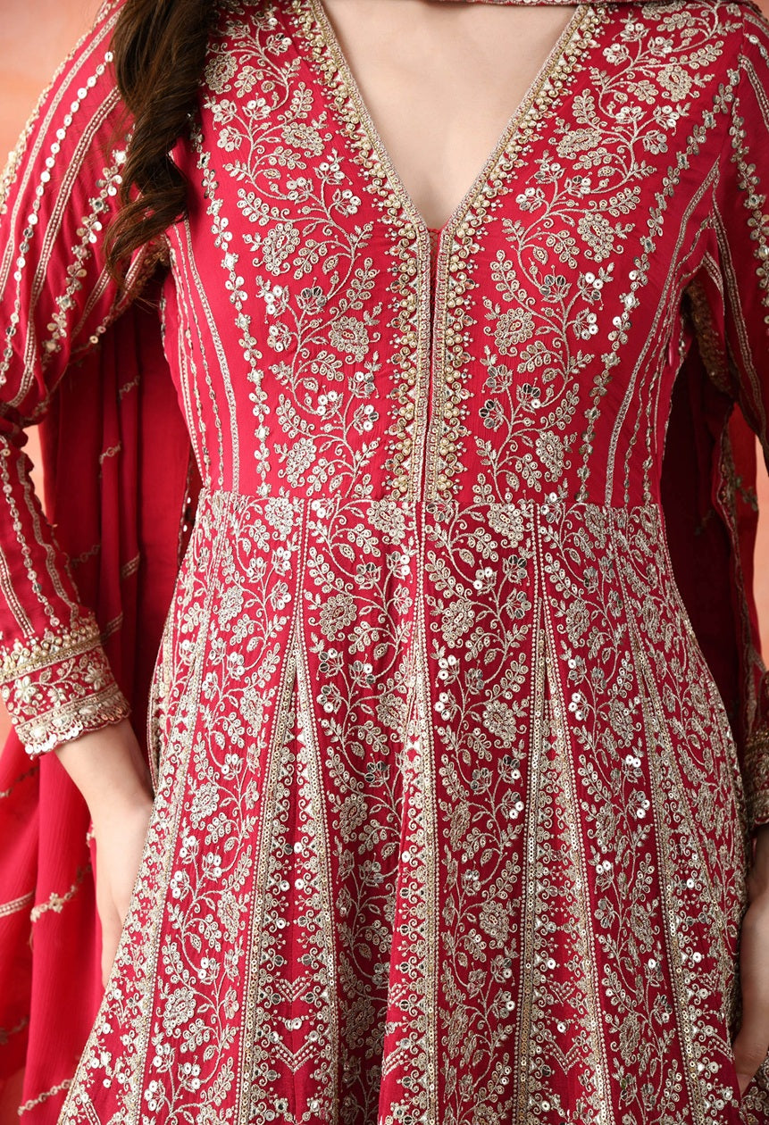 Rani Pink Zardozi Crepe Anarkali Set