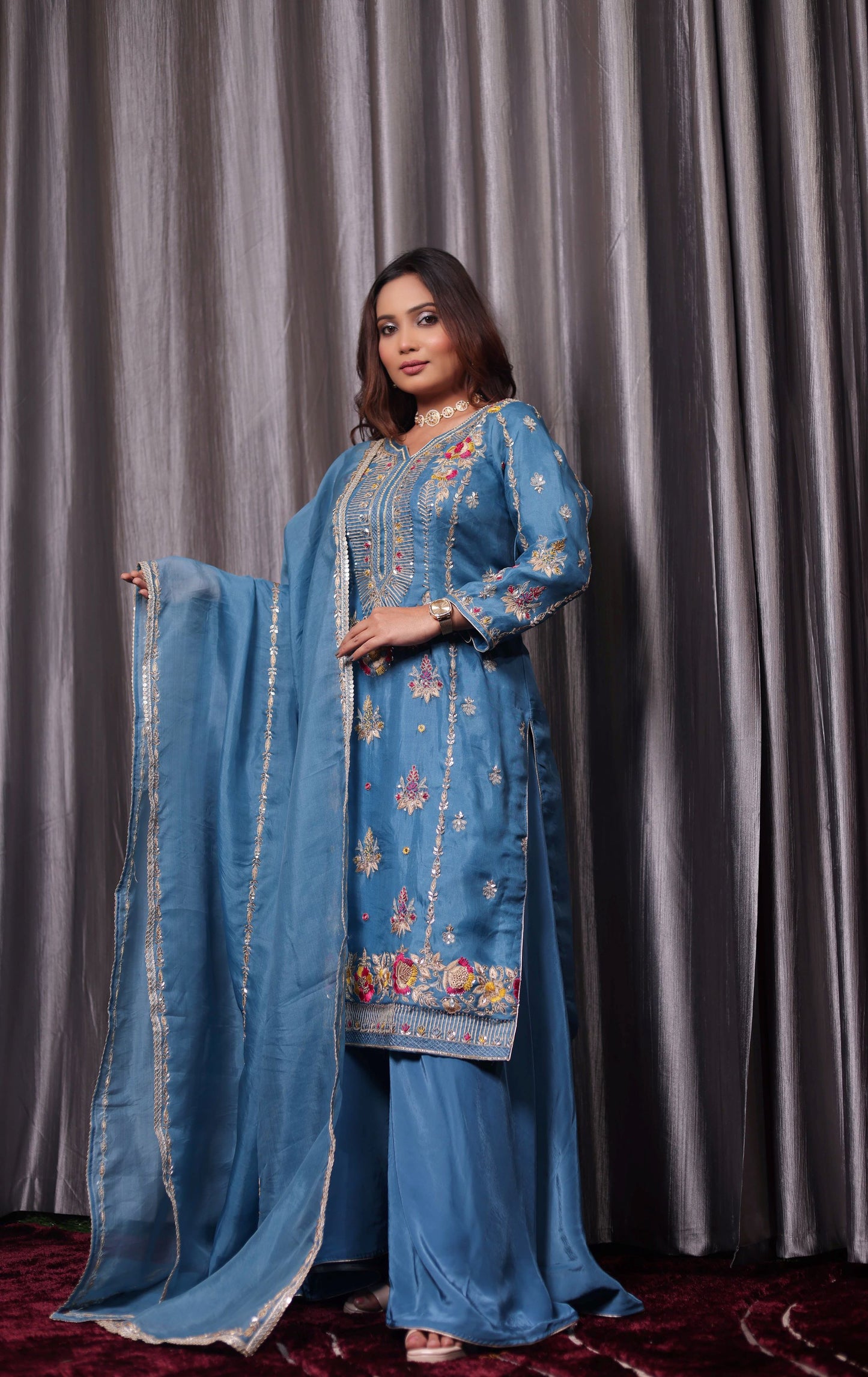 Sophisticated French Blue Organza Kurta Set with Exquisite Embroidery