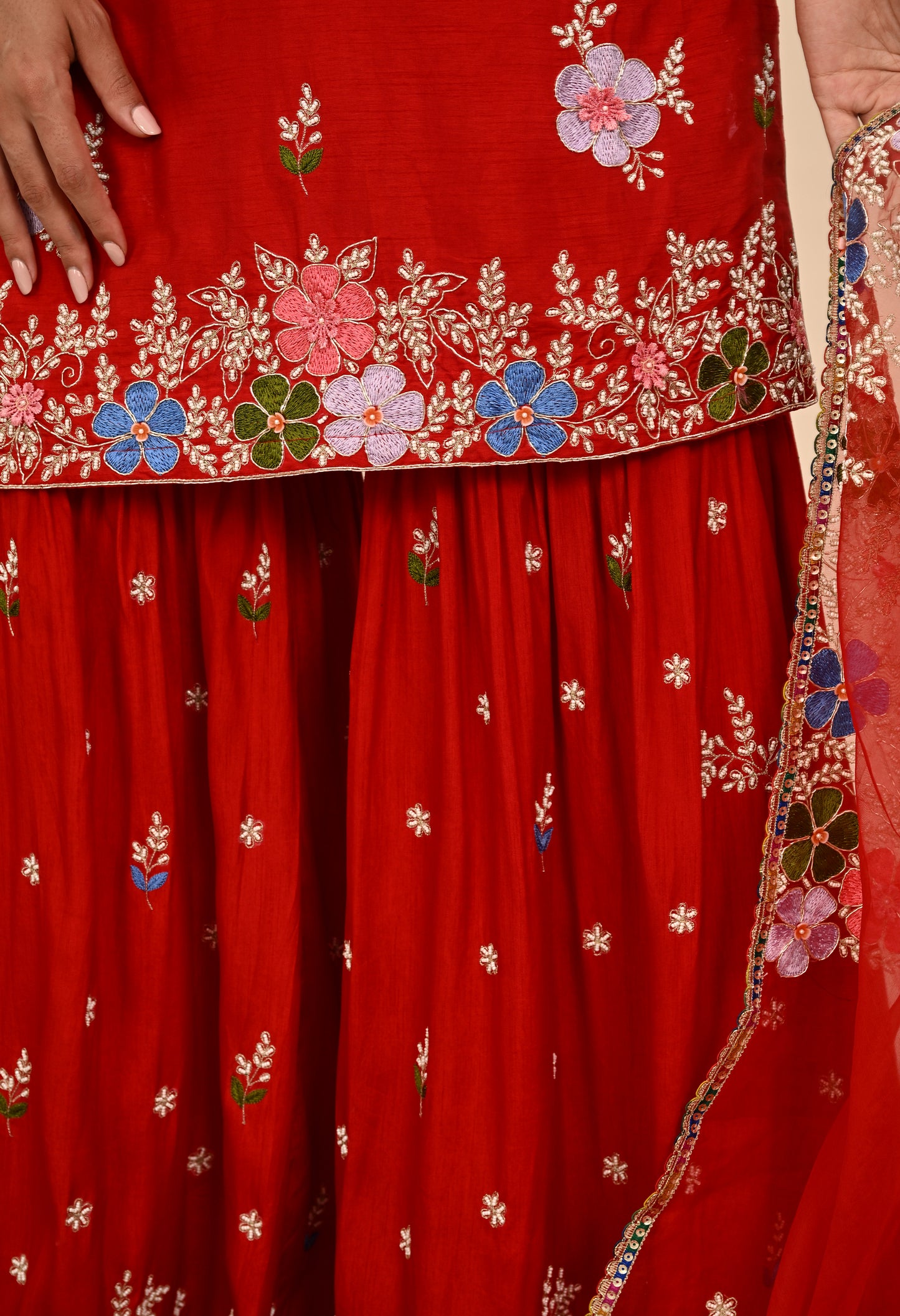 Vibrant Red Silk Sharara Set with Zardozi Embroidery, Thread, and Pearl Work