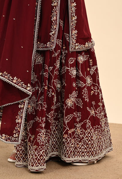 Rich Maroon Crepe Sharara Set with Thread and Sequin Embroidery