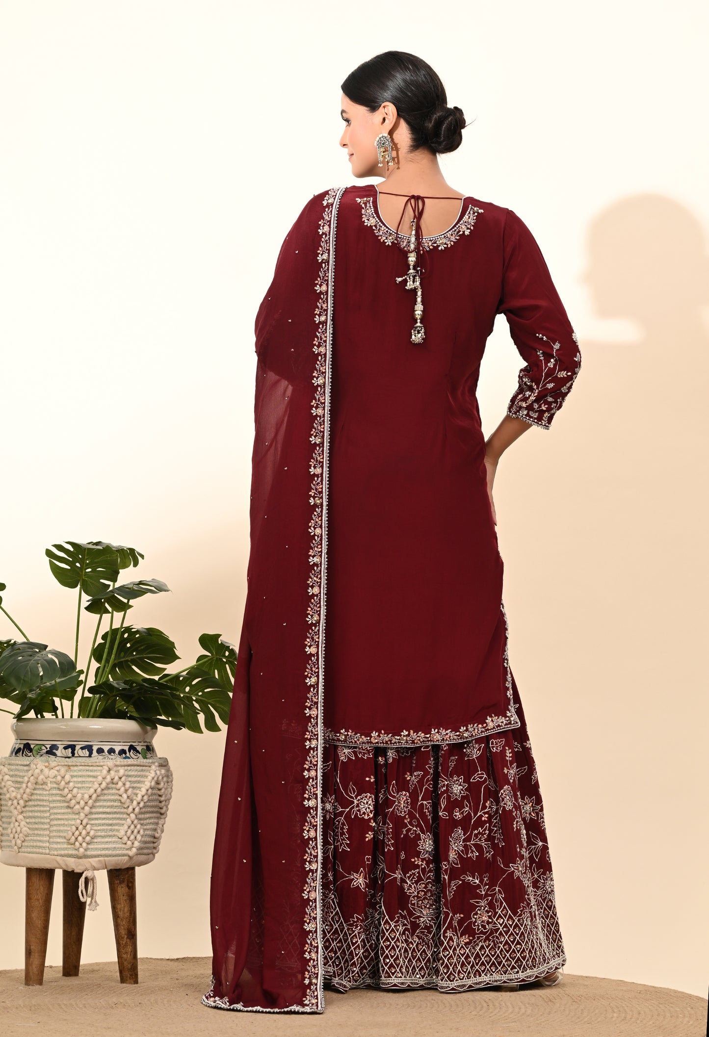 Rich Maroon Crepe Sharara Set with Thread and Sequin Embroidery