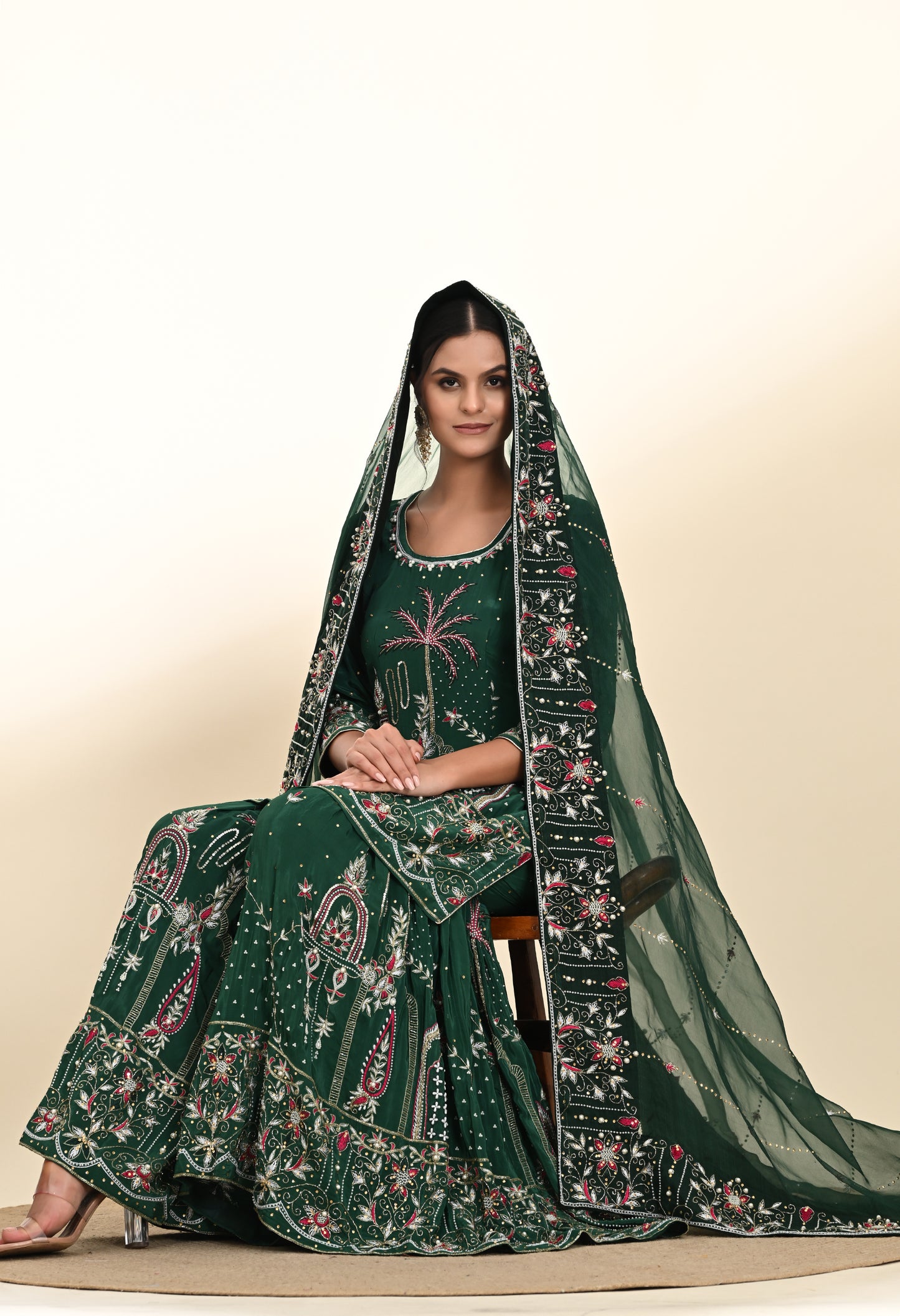 Royal Bottle Green Sharara Set with Exquisite Zardozi Embroidery