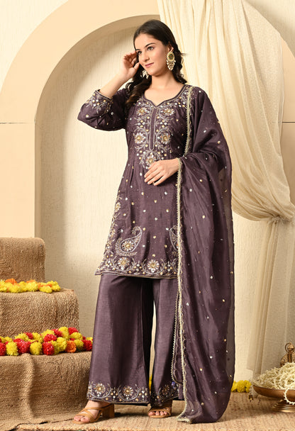 Purplish Grey Kurta Set with Mukaish, Zardozi and Sequence Work