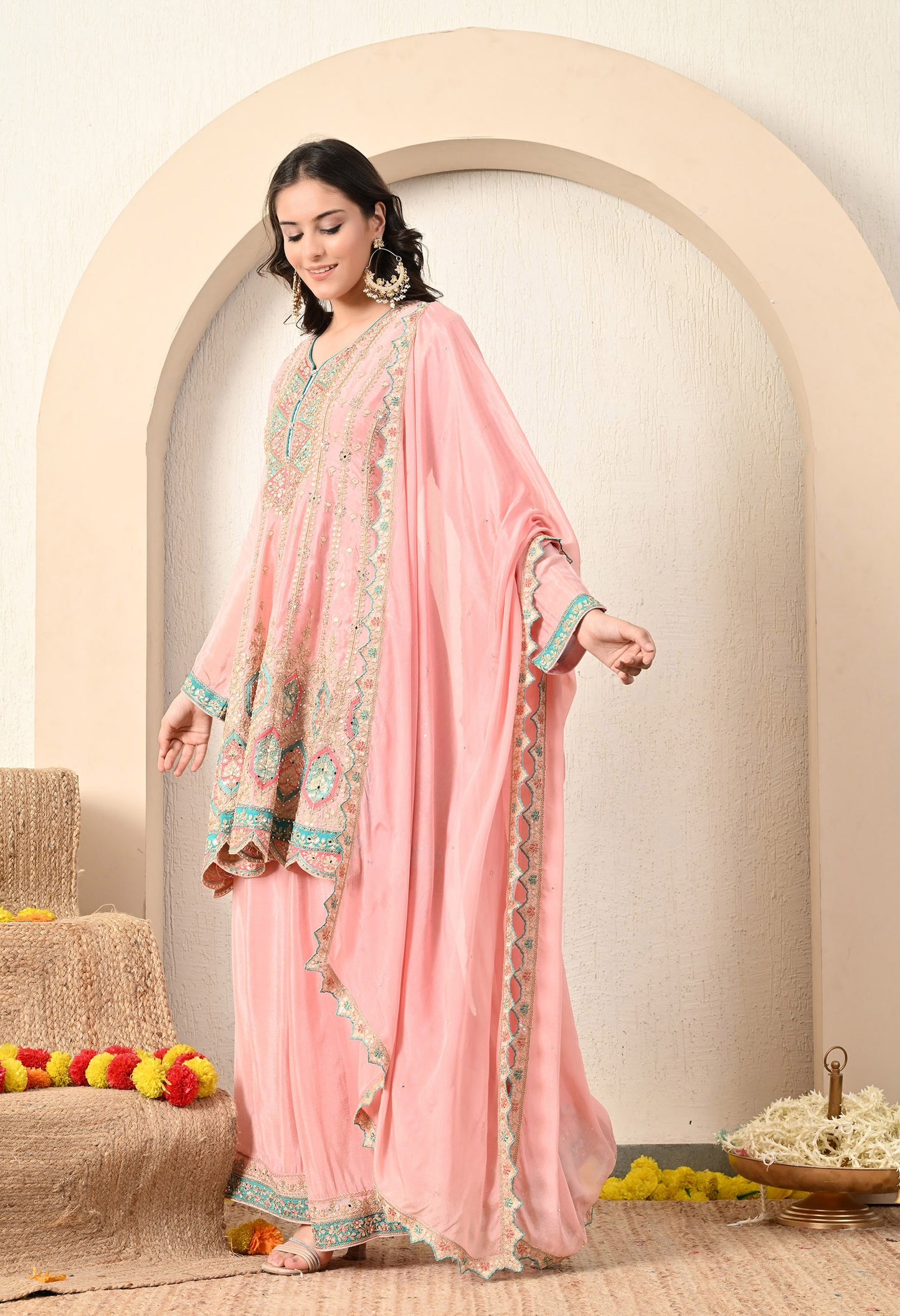 Light Pink Sharara Set with Thread and Zari Work