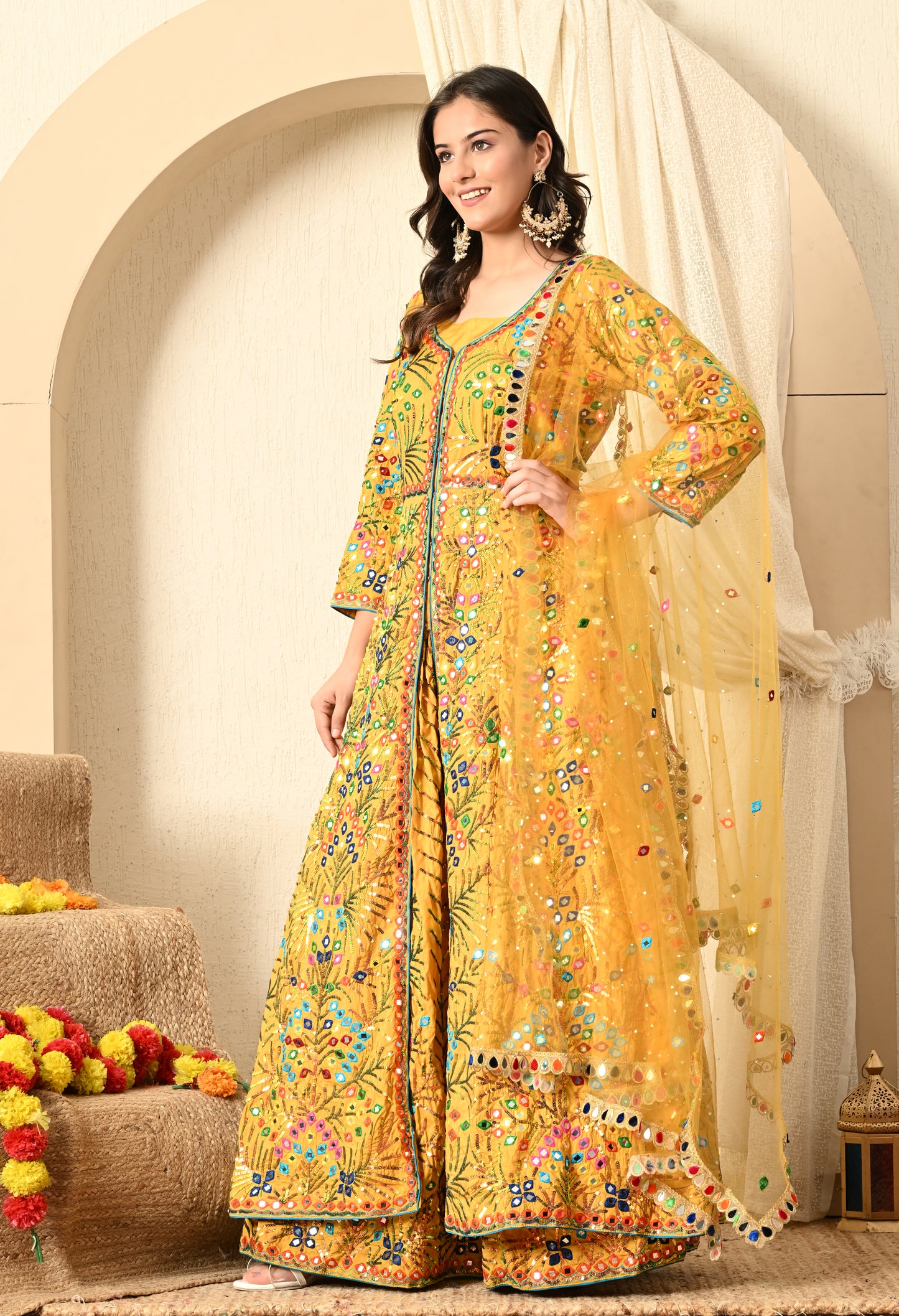 Yellow Lehnga ( With Jacket ) embroided with Thread, Mirror, and Sequence Work