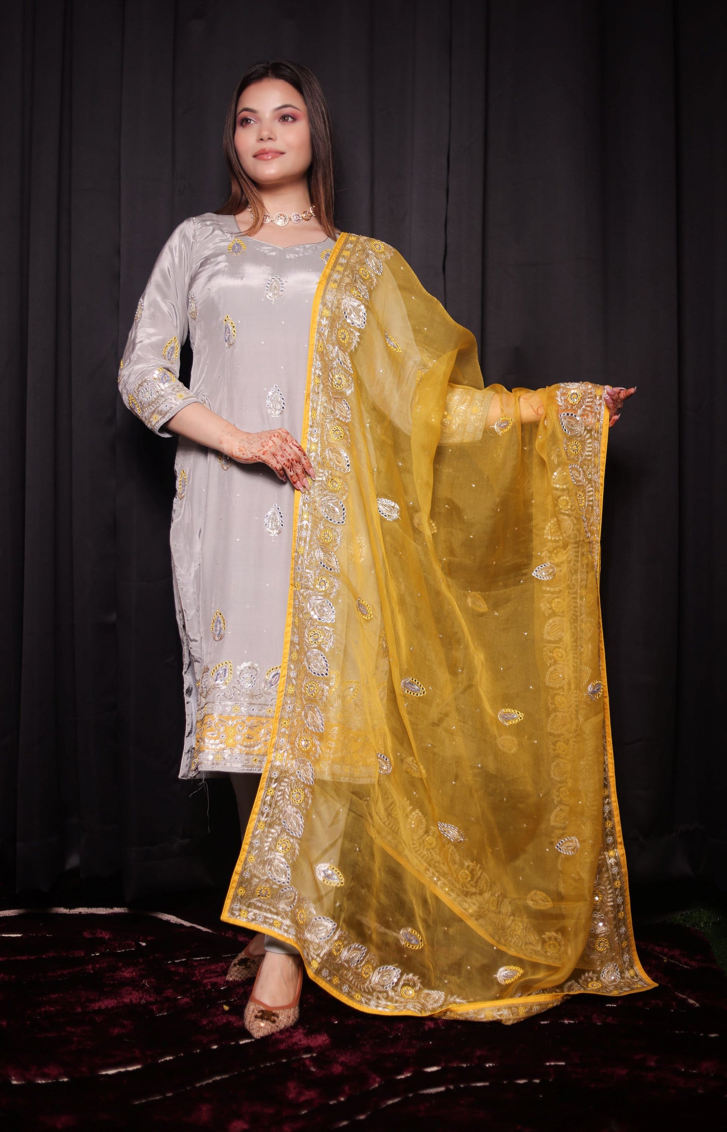 Stunning Light Grey Kurta Set with Beautiful Zardozi, Thread, Sequence, and Applique Work