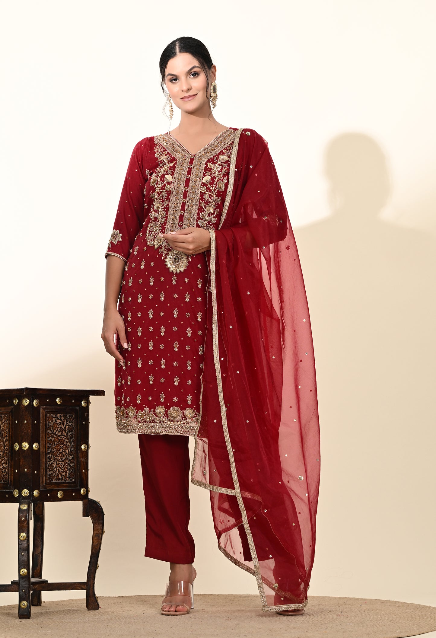 Elegant Maroon Red Kurta Set with Rich Zardozi Embroidery