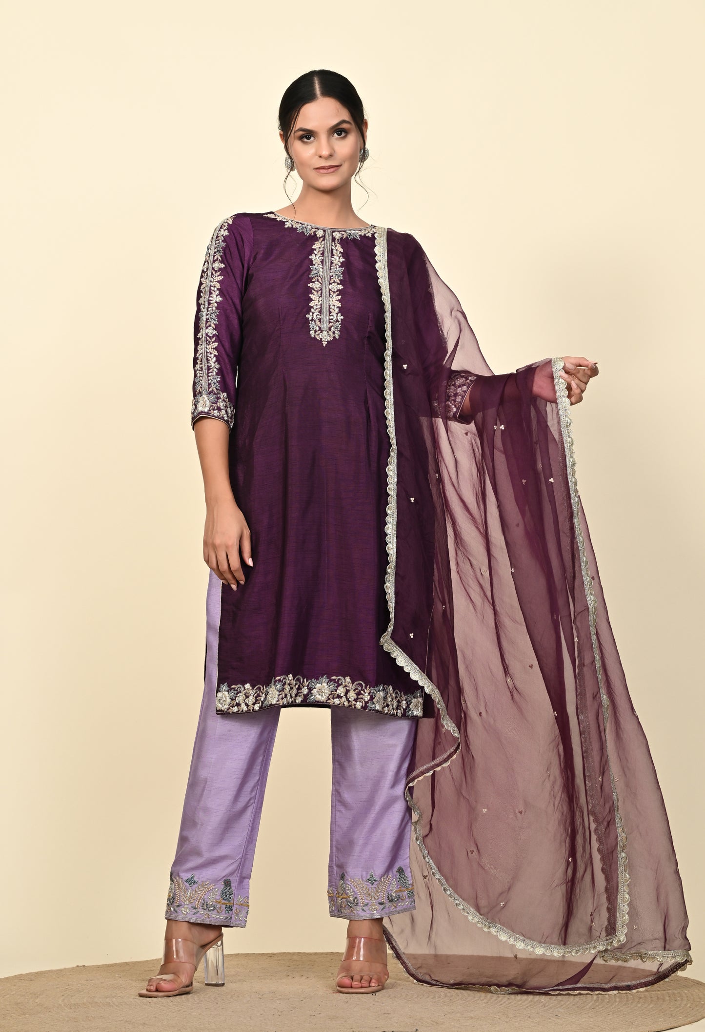 Elegant Purple Kurta Set with Intricate Zardozi Embroidery