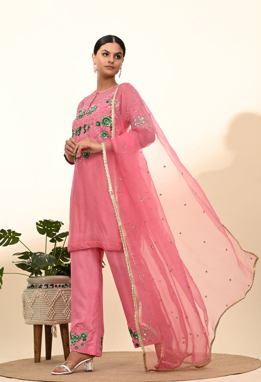 Charming Pink Kurta Set with Sequence and Thread Embroidery