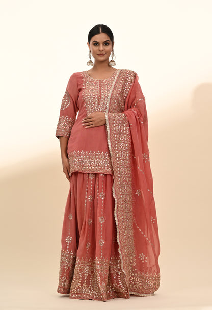 Creamy Peach Organza Lehenga Set with Zardozi, Gotta, and Crystal Embroidery