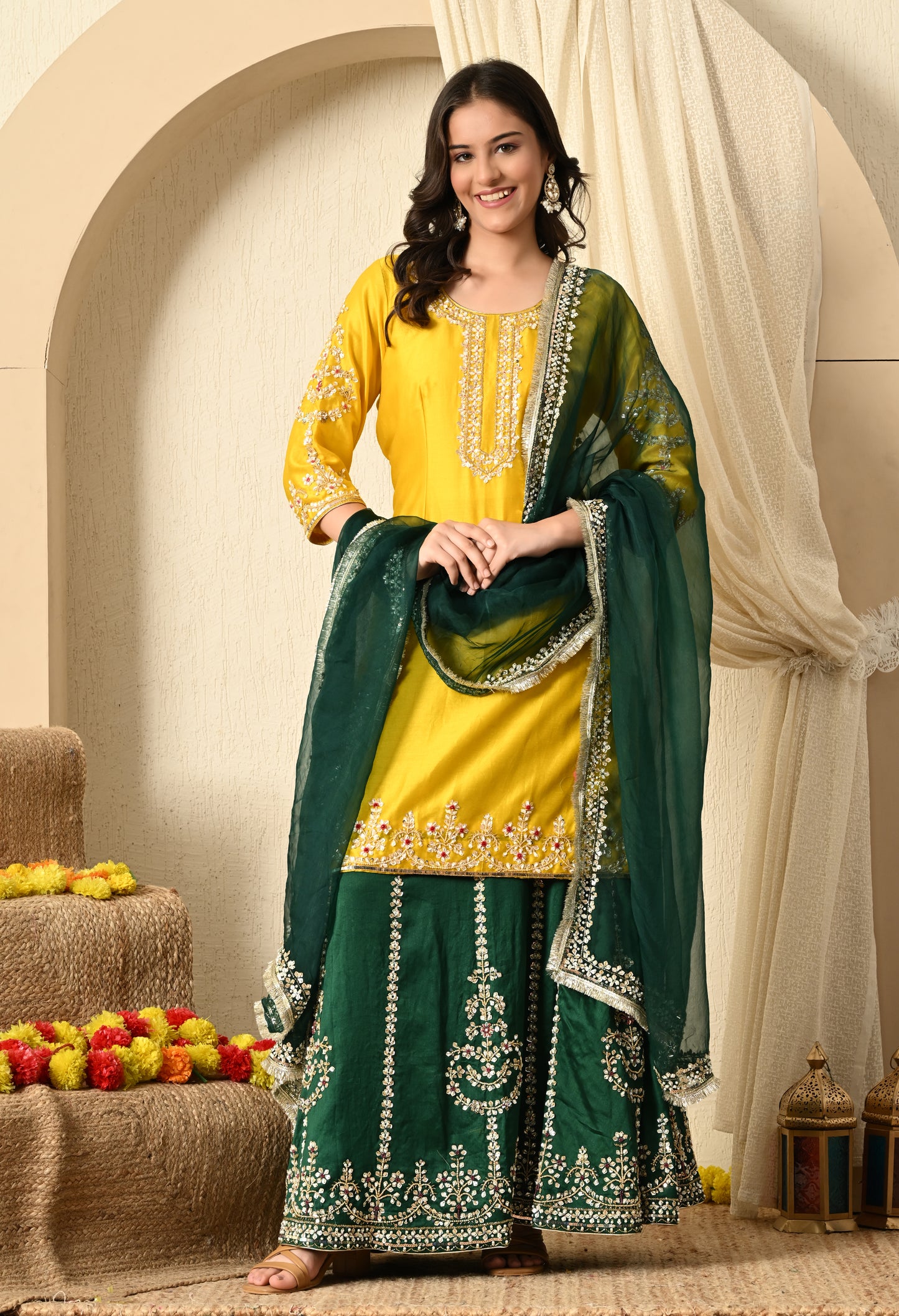 Green and Yellow Lehenga Set with Exquisite Sequence Work