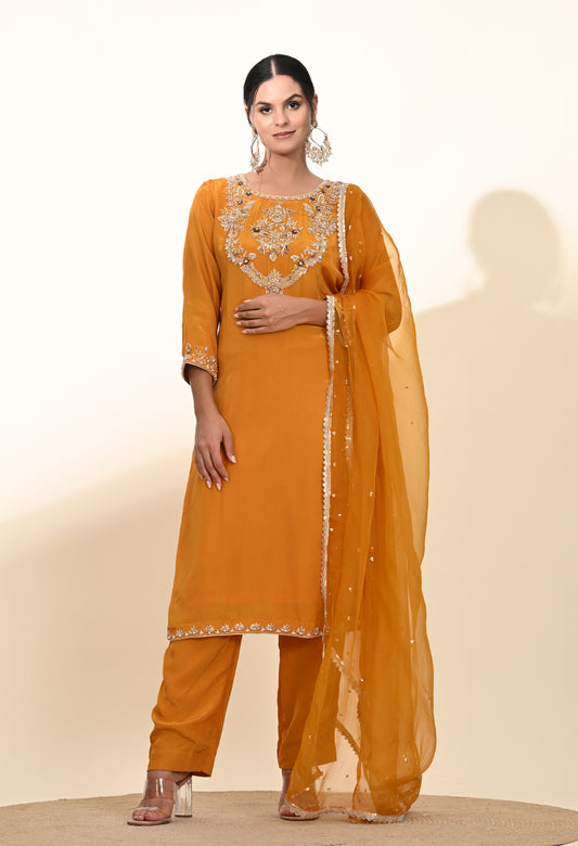 Elegant Mustard Yellow Kurta Set with Refined Zardozi Embroidery