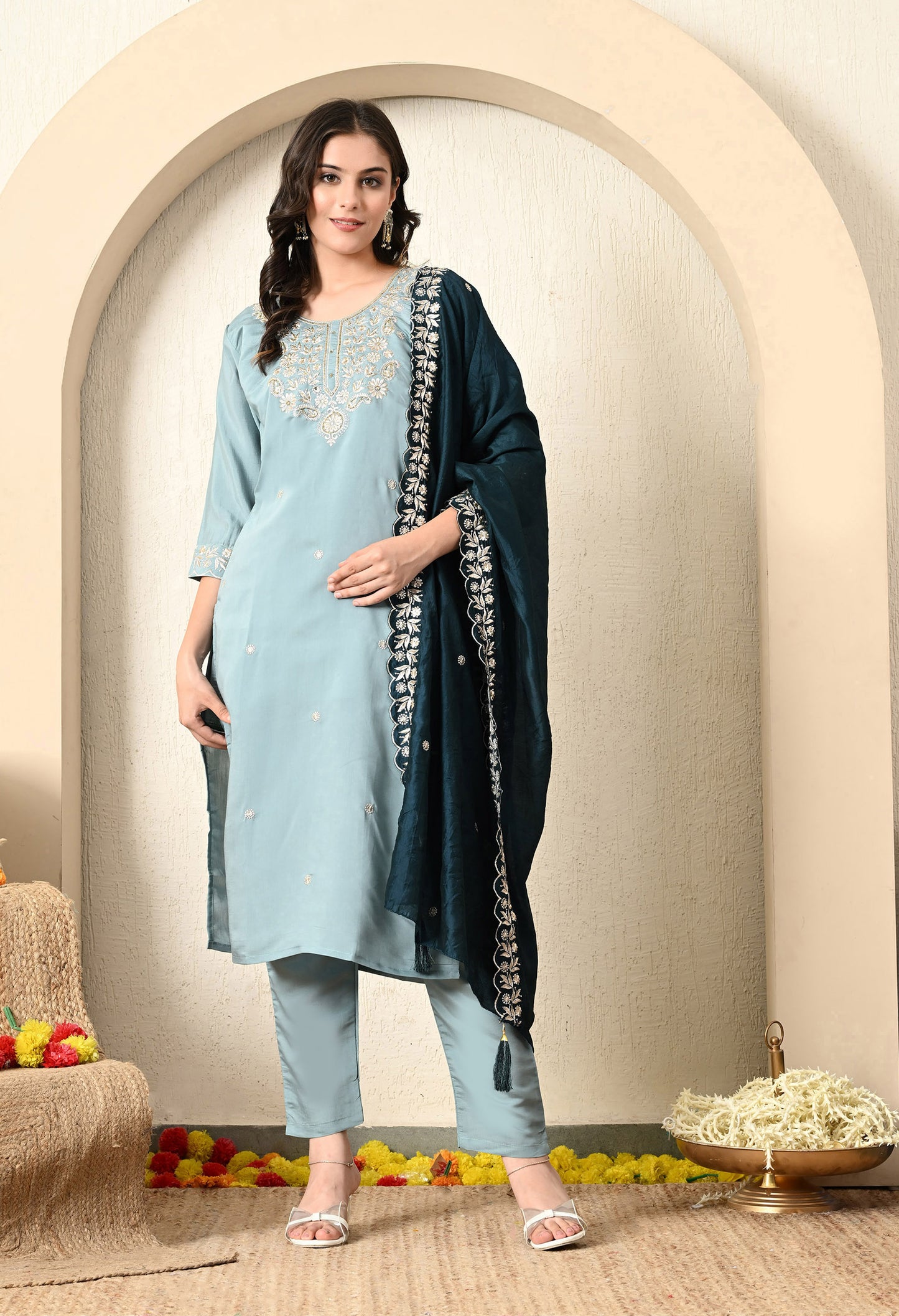 Greyish Blue Kurta Set with Zardozi and Zari work