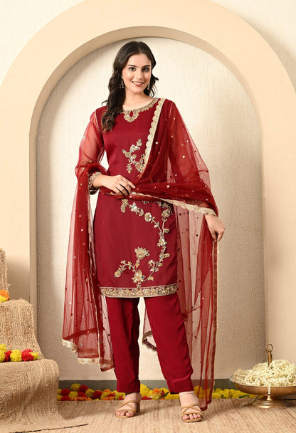 Maroon Red Kurta Set with Zardozi, Dabka, and Crystal Work