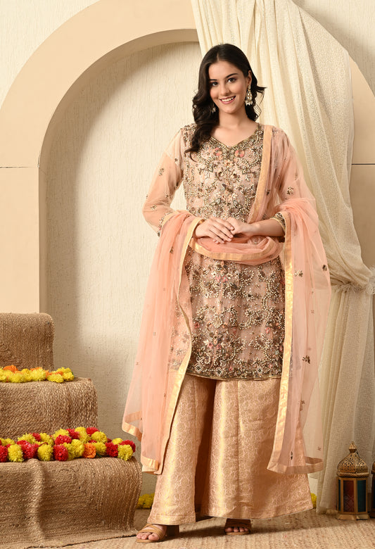 Peach Sharara Set with Zardozi, Thread, Sequence and Cutdana Work