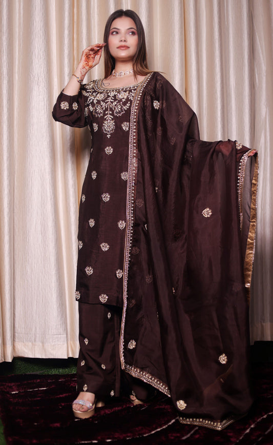 Chocolate Brown Kurta Set with Beautiful Zardozi, Tilla, and Sequence Work