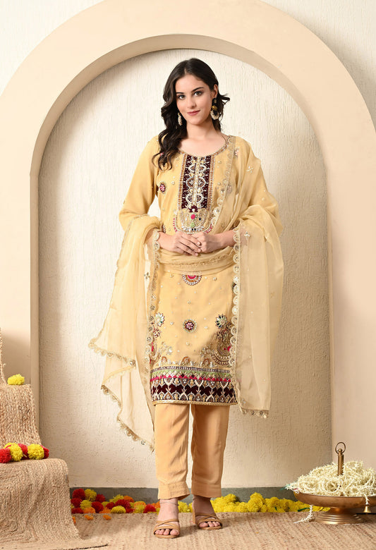 Golden Yellow Kurta Set with Zardozi, Thread, Pearl and Mirror Work