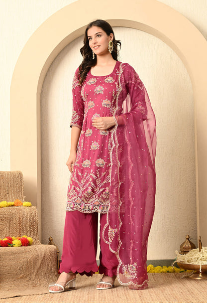 Strawberry Pink Kurta Set with Zardozi, Thread, Sequence, and Pearl Work