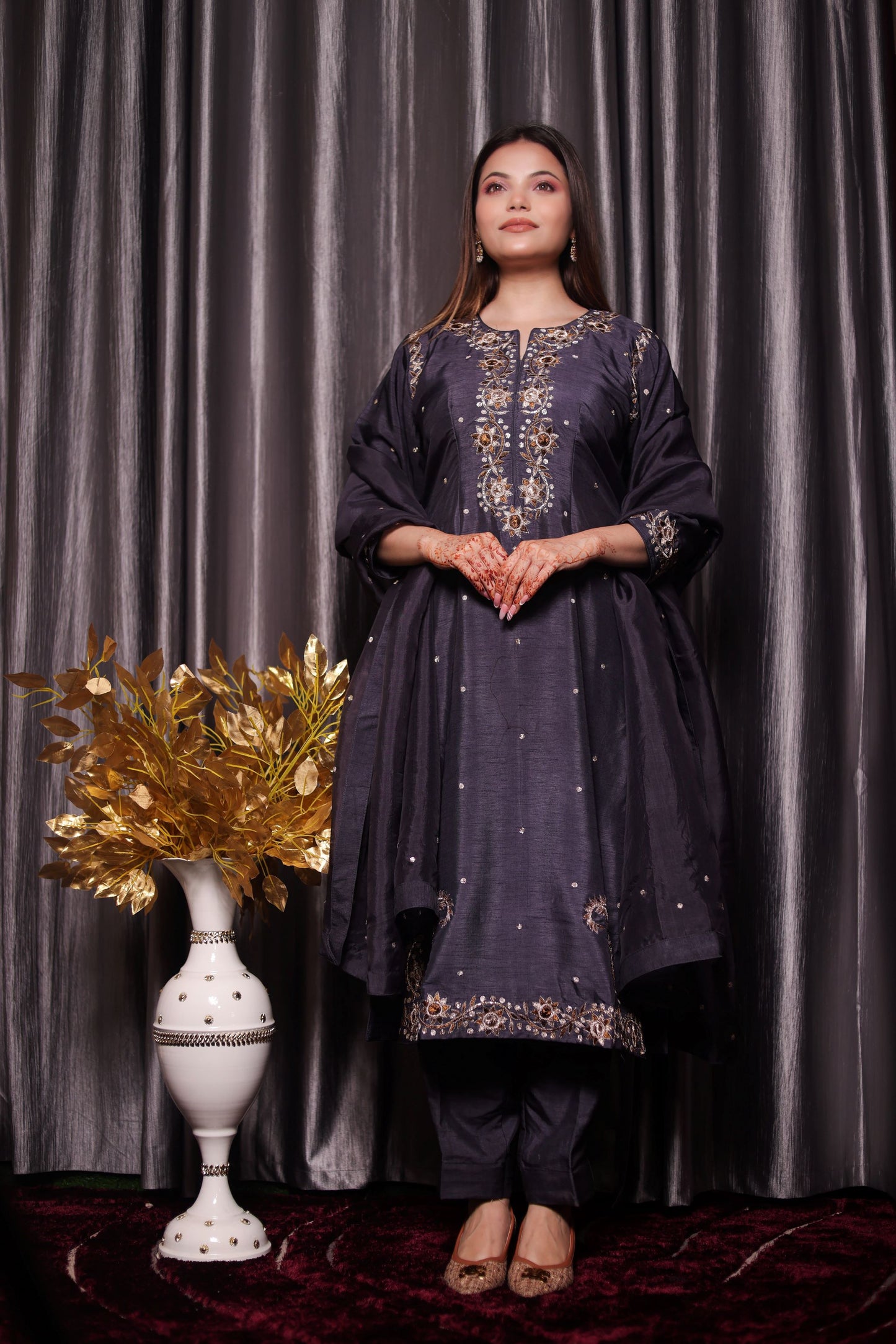 Subtle Dark Grey Kurta Set with Intricate Mukaish Work