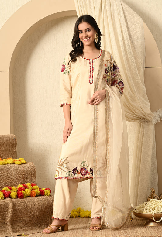 Dark Cream Kurta Set with Sequence and Thread Work