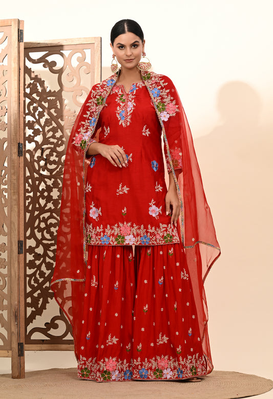 Vibrant Red Silk Sharara Set with Zardozi Embroidery, Thread, and Pearl Work