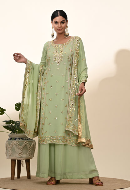 Regal Light Green Georgette Sharara Set with Zardozi Embroidery