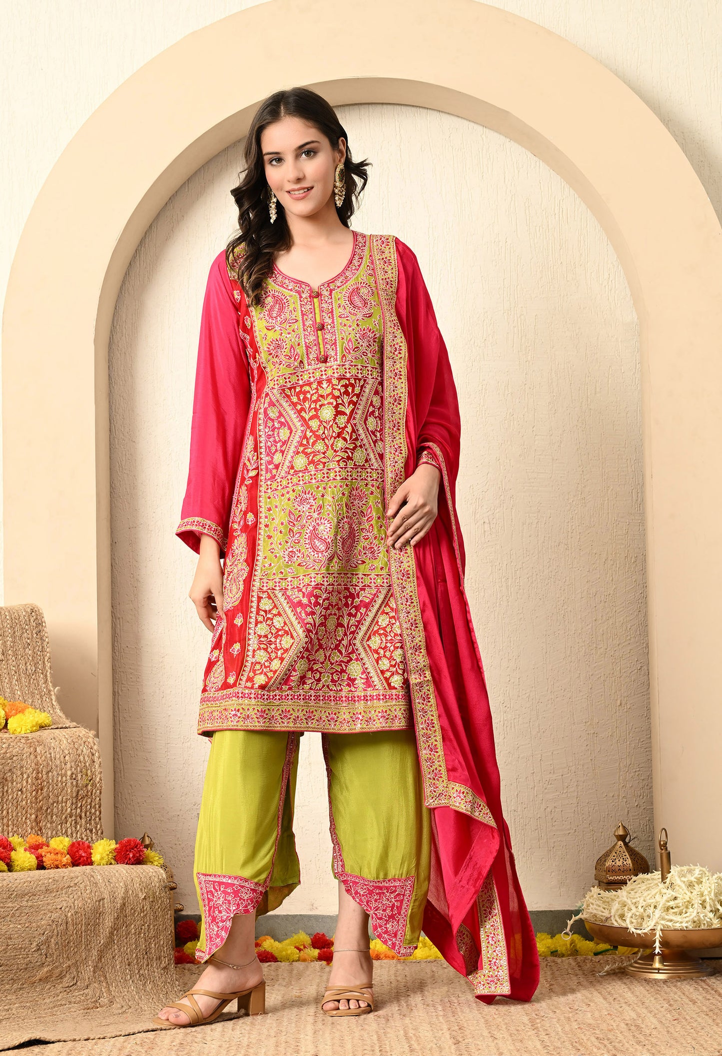 Green and Pink Kurta Set with Thread and Zari Work