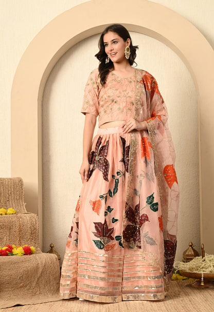 Dark Peach Lehenga Set with Hand Paint, Gotta, Zardozi, and Sequence Work